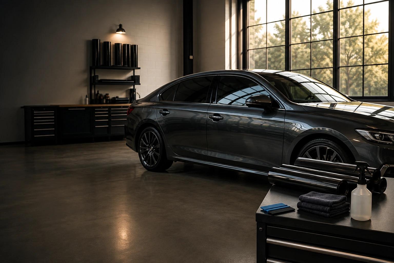 Window film and installation tools arranged beside a graphite sedan in a clean studio