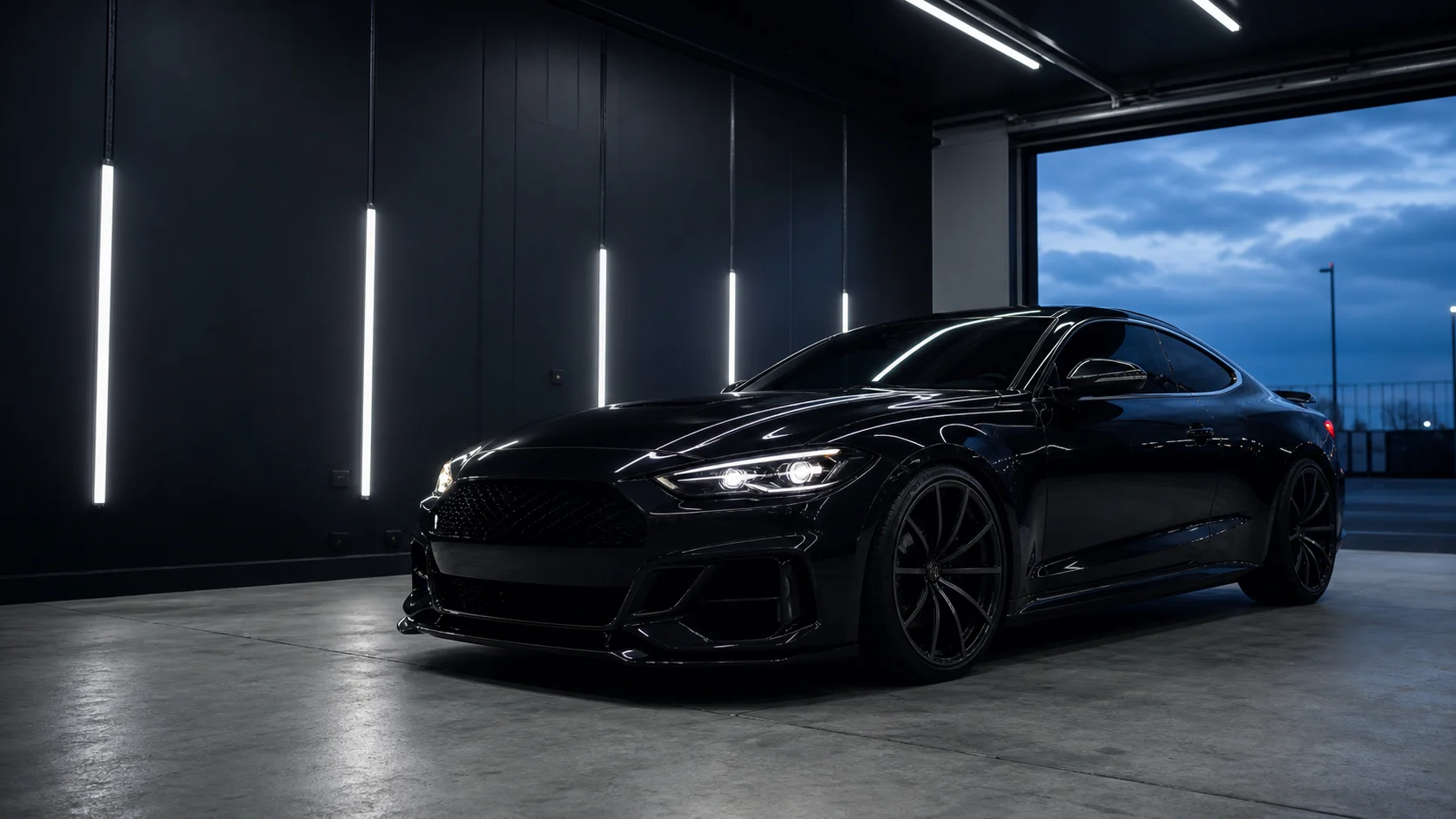 A black performance coupe with tinted windows inside the installation studio
