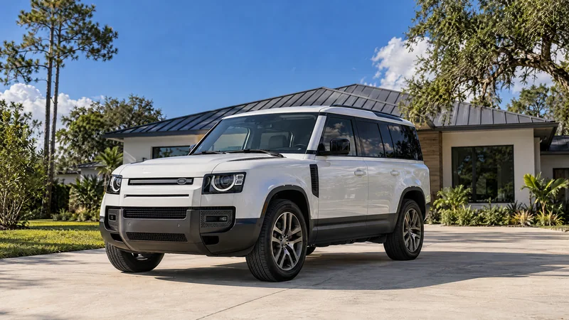 White Land Rover Defender with dark tinted windows on a Florida driveway