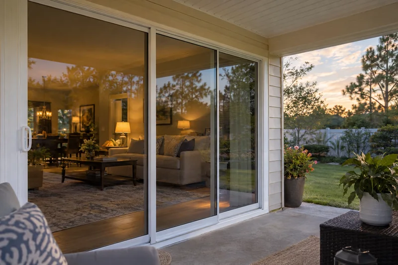 Sliding glass patio doors of a home at dusk
