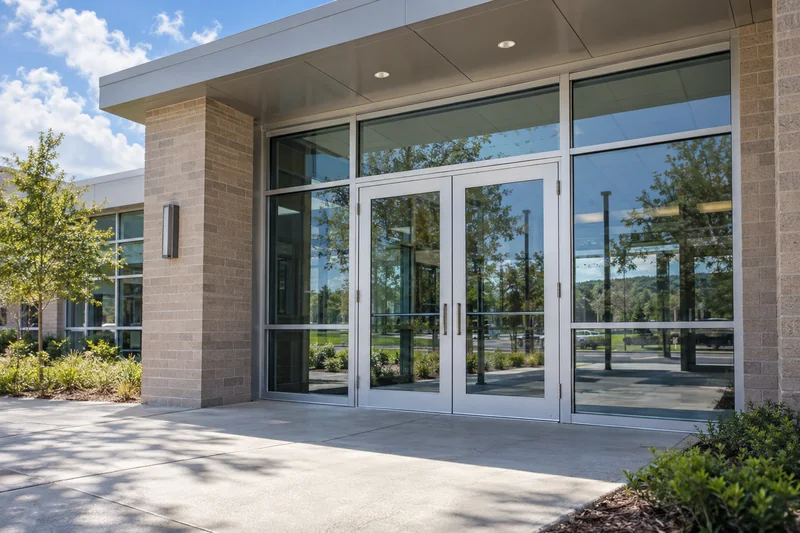 Glass entrance doors of a building in sunshine